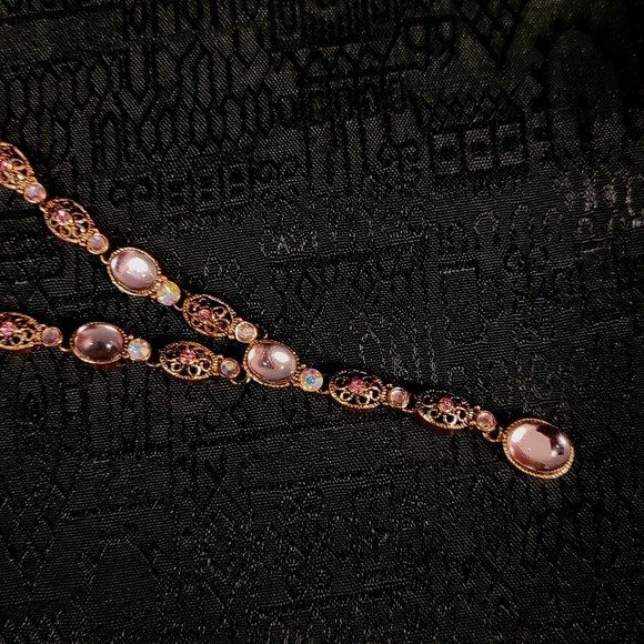 Vintage AVON Pink Glass Cabochon Y Drop Necklace Copper Filigree & Chain 22" - Picture 11 of 12